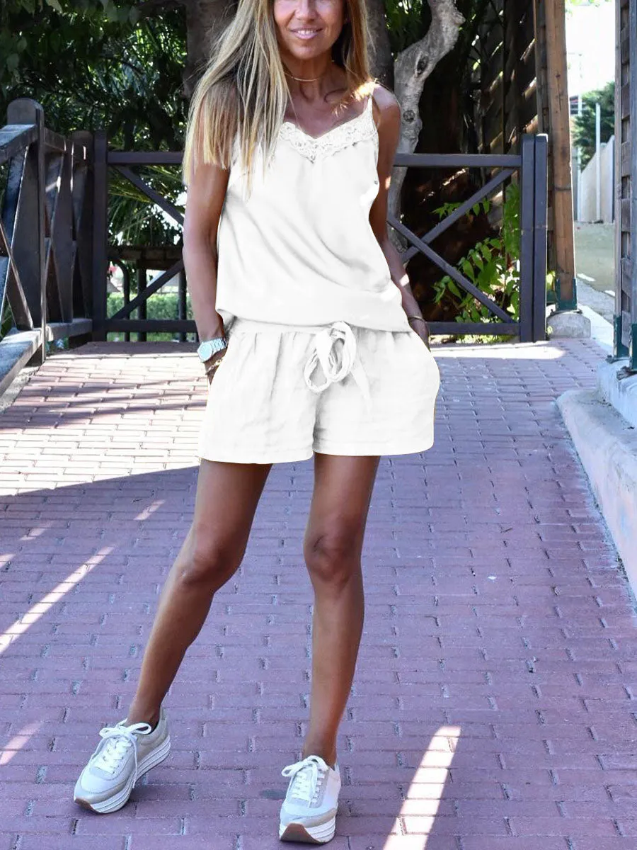 Casual Loose Comfortable V Neck Sling Tops Shorts Set