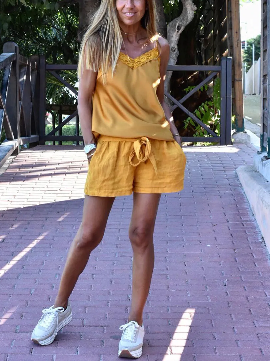 Casual Loose Comfortable V Neck Sling Tops Shorts Set