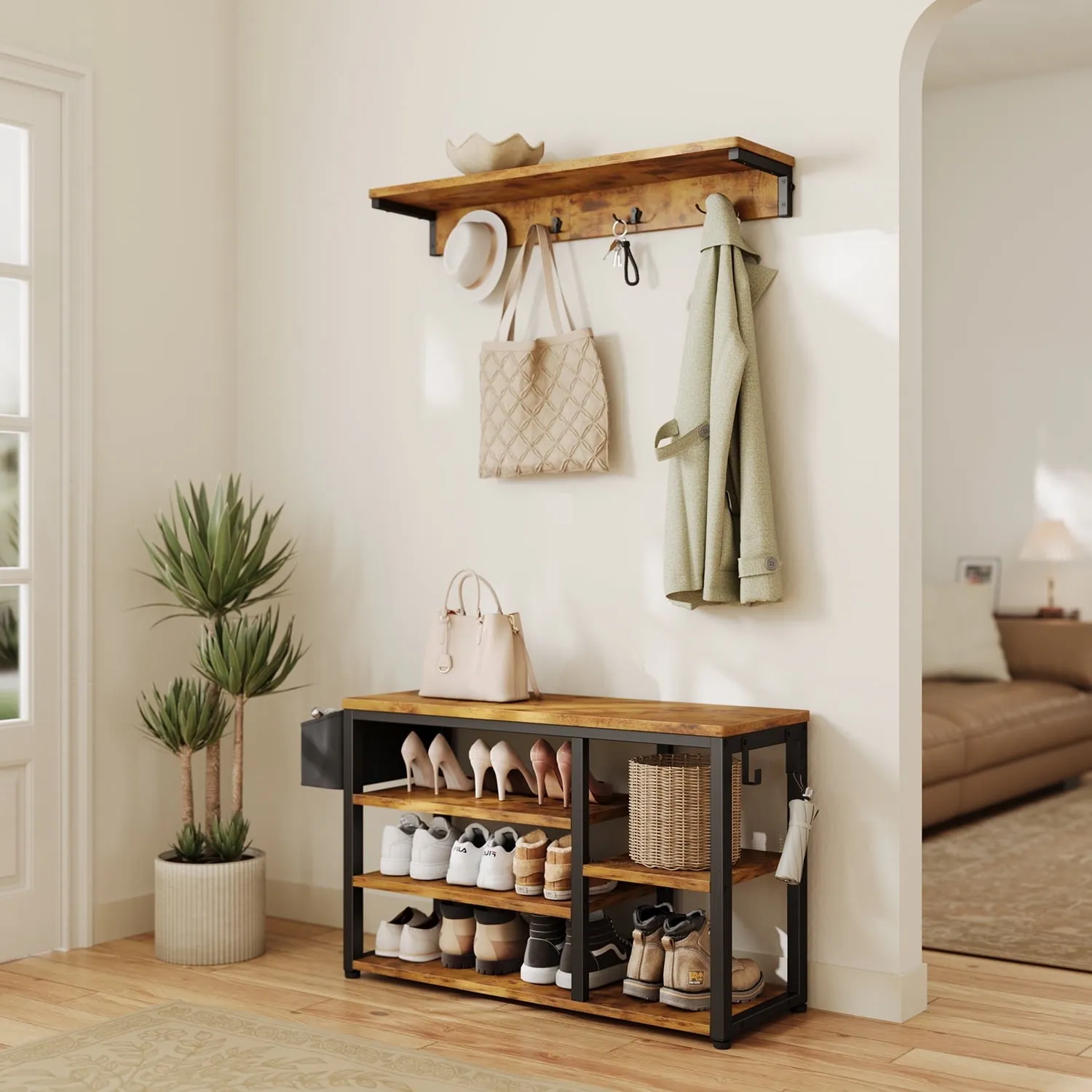 everyday Hall Tree with Bench and Shoe Storage, Coat Rack Freestanding Coat Tree Farmhouse with 6 Hooks for Hallway, White