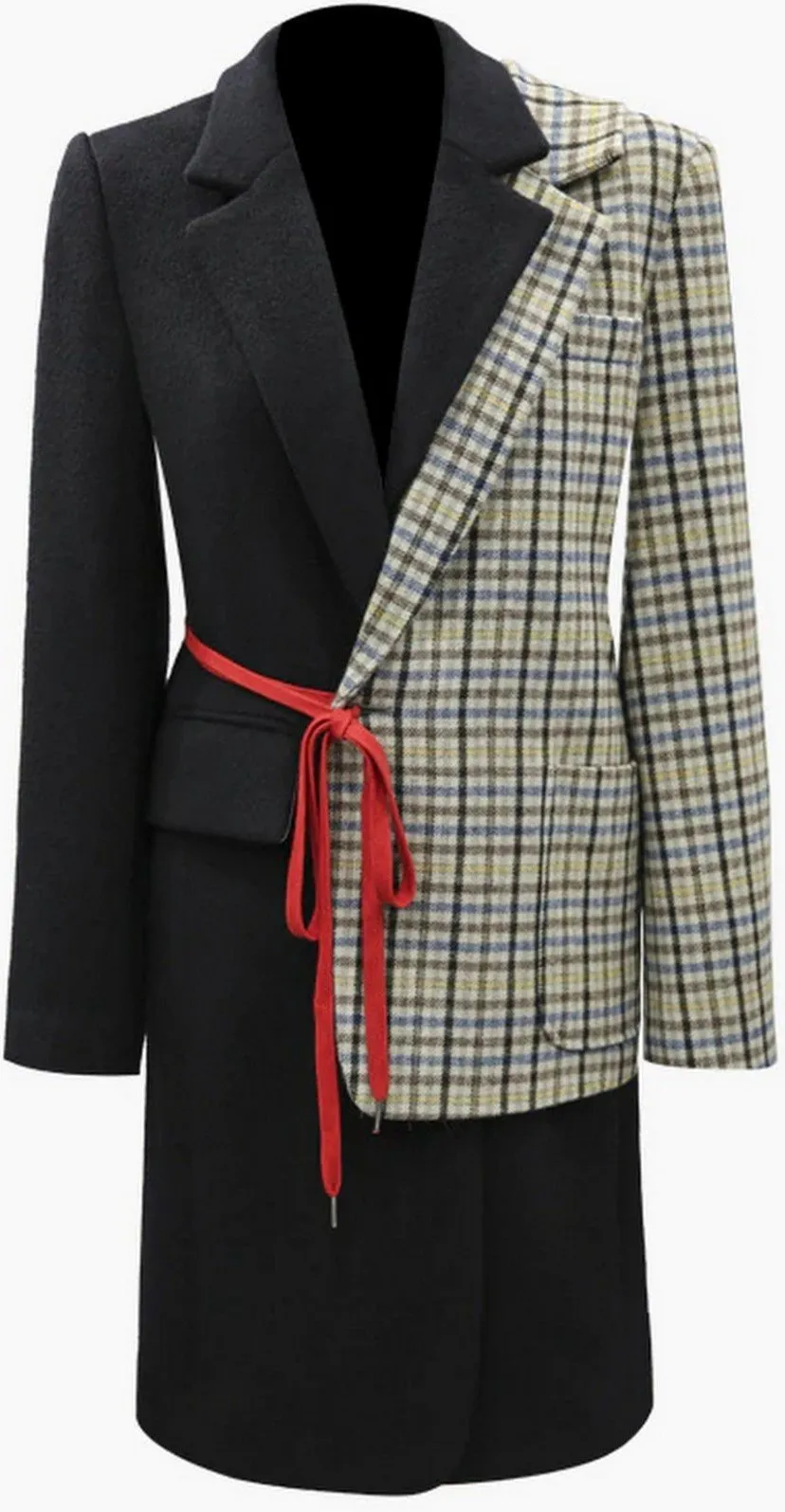 Half and Half Plaid and Solid Blazer-Coat