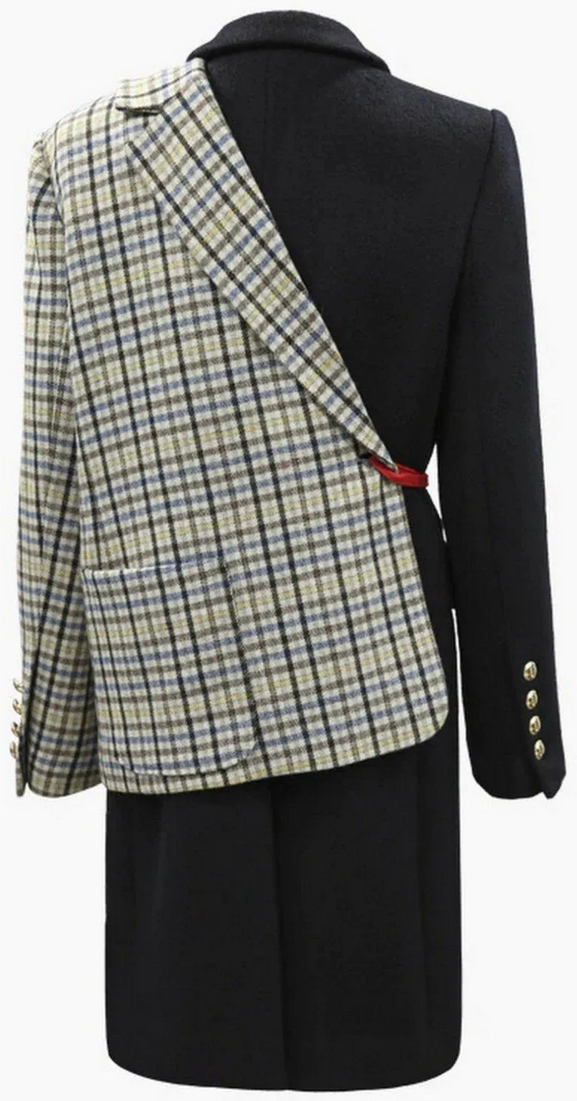 Half and Half Plaid and Solid Blazer-Coat