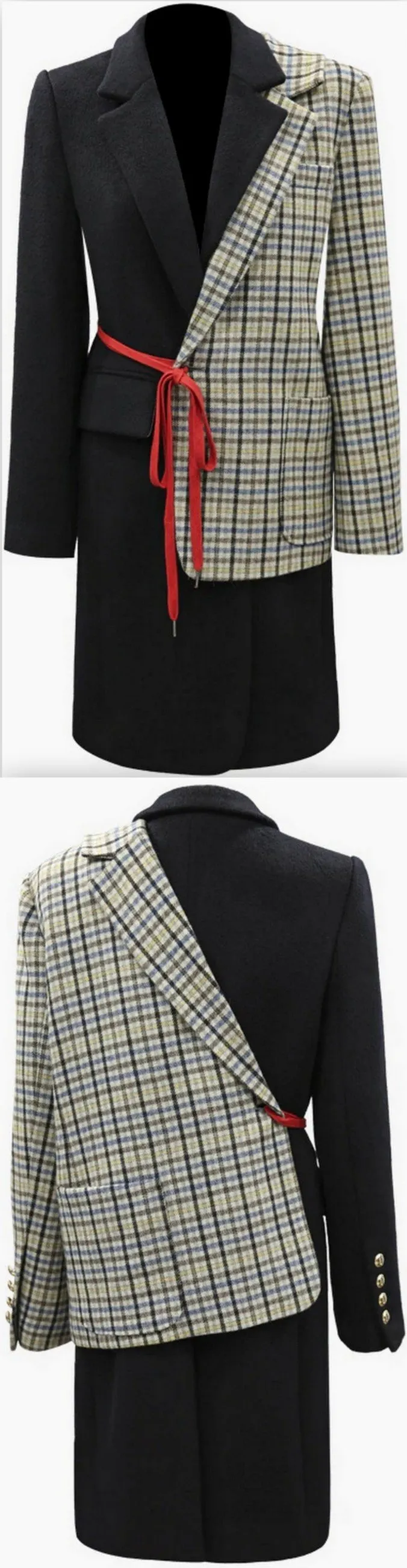 Half and Half Plaid and Solid Blazer-Coat