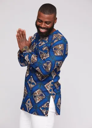Jafari Men's African Print Long Sleeve Traditional Shirt (Blue Tan Diamonds)