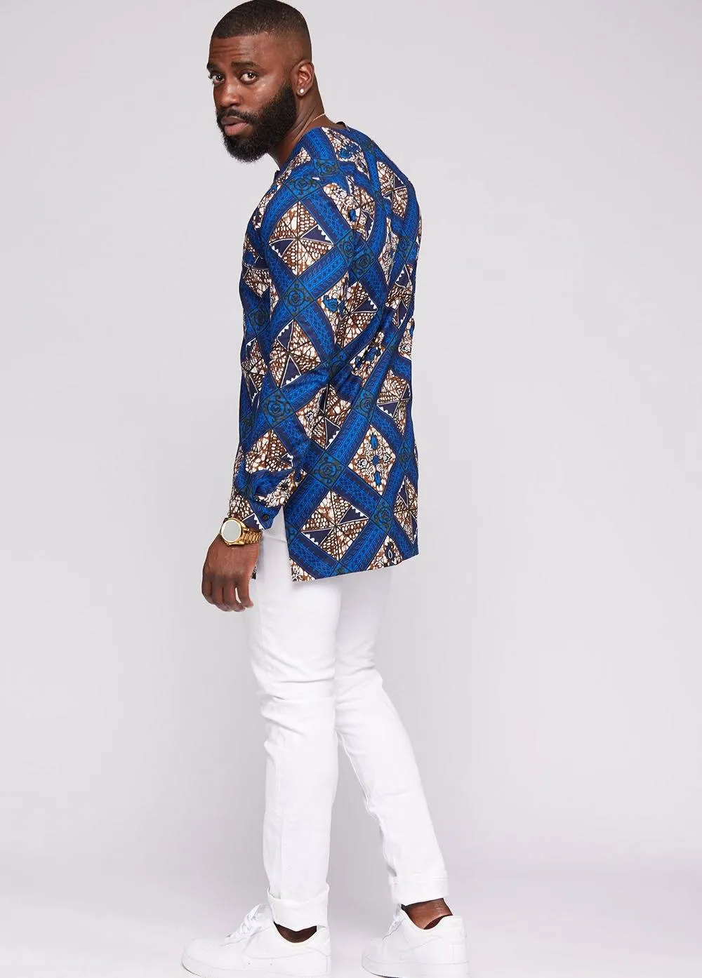 Jafari Men's African Print Long Sleeve Traditional Shirt (Blue Tan Diamonds)