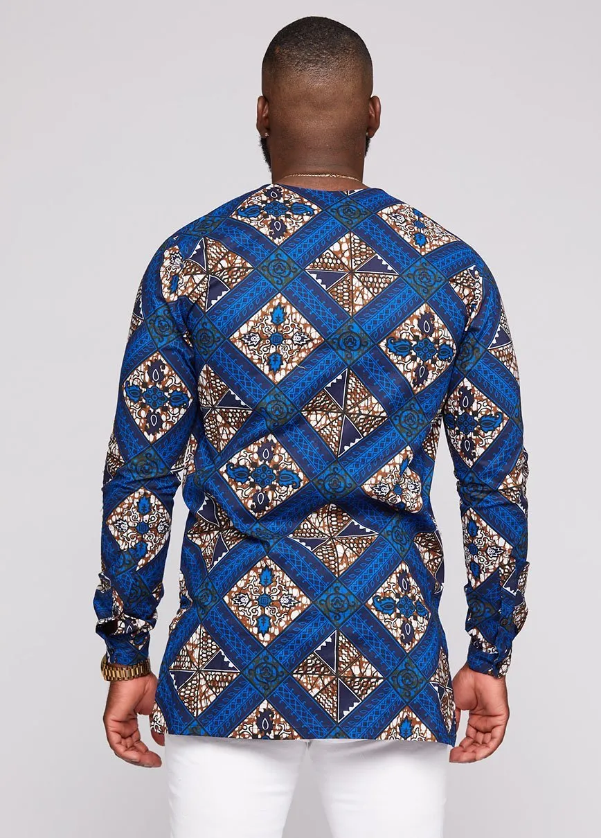 Jafari Men's African Print Long Sleeve Traditional Shirt (Blue Tan Diamonds)