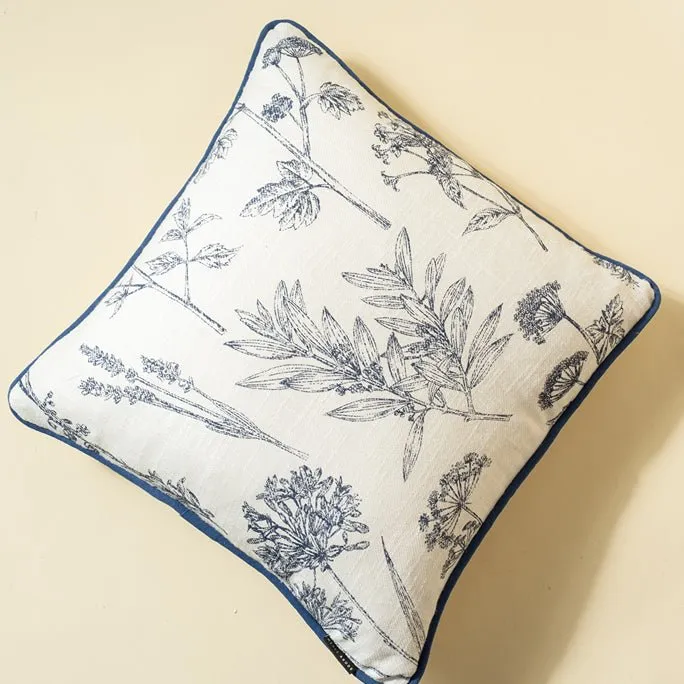 Leafy Blue Printed Cotton Cushion Cover - Navy Blue