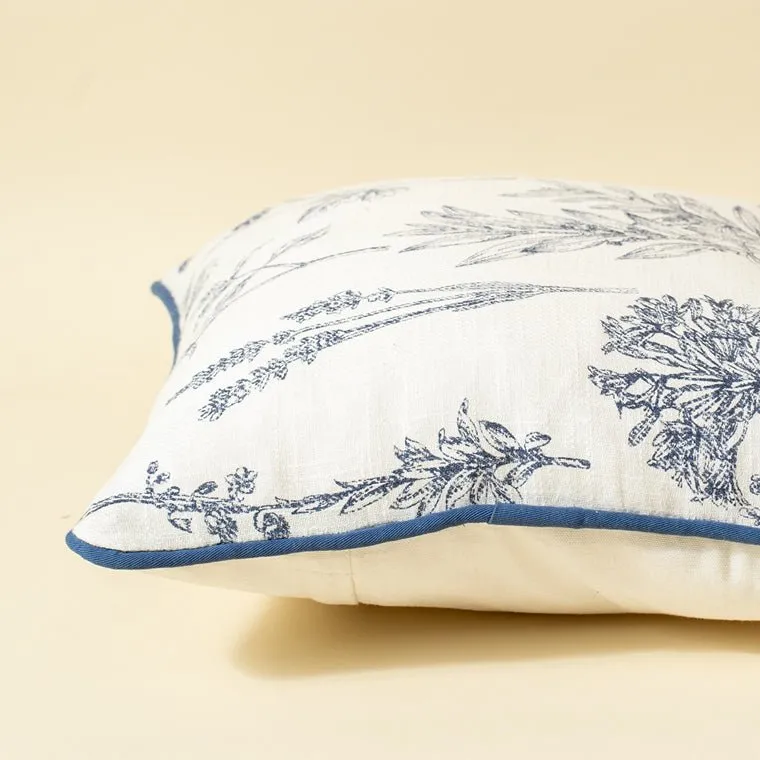 Leafy Blue Printed Cotton Cushion Cover - Navy Blue