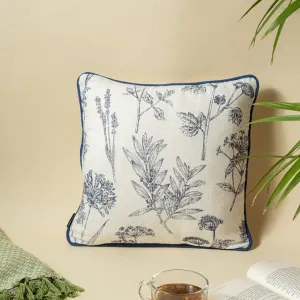 Leafy Blue Printed Cotton Cushion Cover - Navy Blue