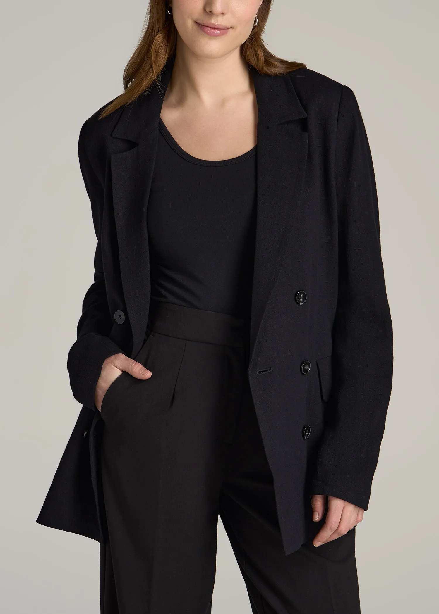 Linen Blend Tie Back Blazer For Tall Women in Black