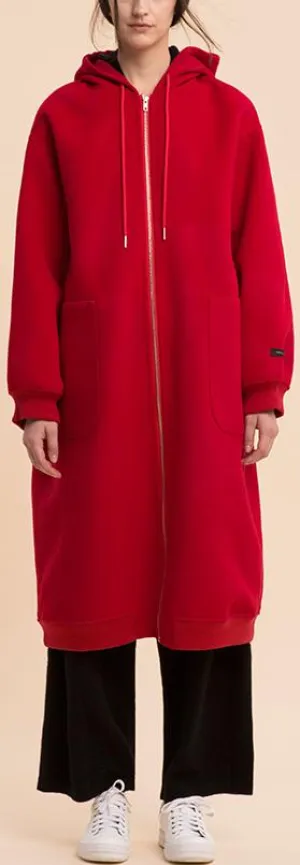 Long Red Wool Zip Hoodie-Coat