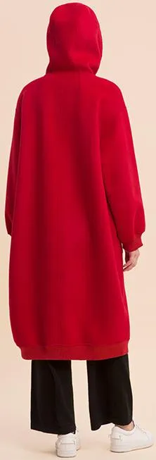 Long Red Wool Zip Hoodie-Coat