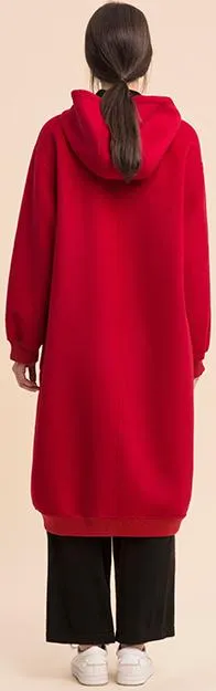 Long Red Wool Zip Hoodie-Coat