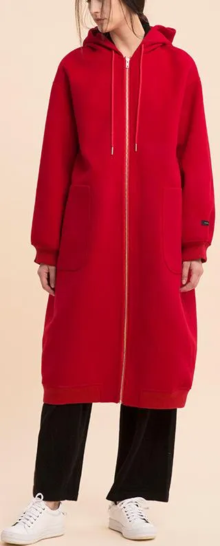 Long Red Wool Zip Hoodie-Coat