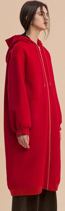 Long Red Wool Zip Hoodie-Coat