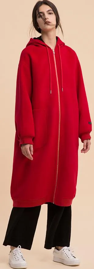 Long Red Wool Zip Hoodie-Coat
