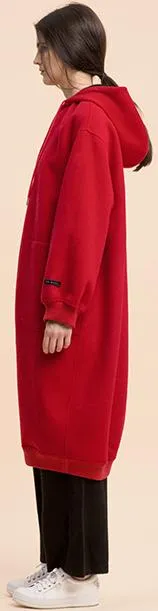 Long Red Wool Zip Hoodie-Coat