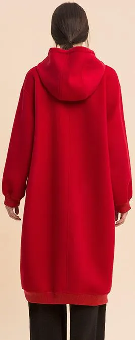 Long Red Wool Zip Hoodie-Coat