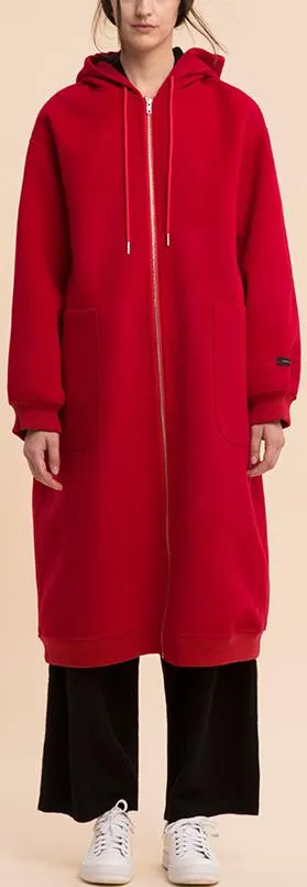 Long Red Wool Zip Hoodie-Coat