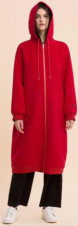 Long Red Wool Zip Hoodie-Coat