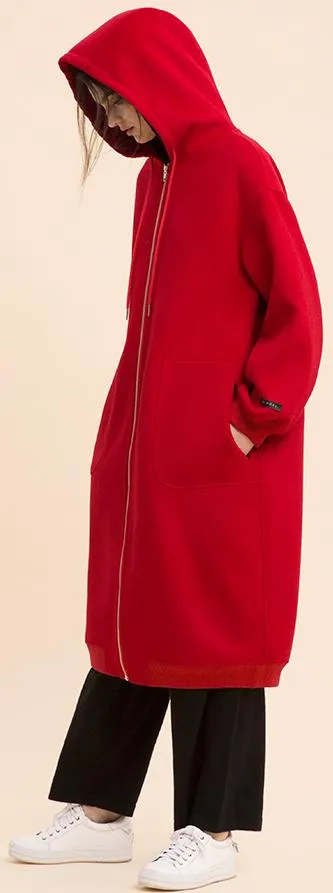 Long Red Wool Zip Hoodie-Coat
