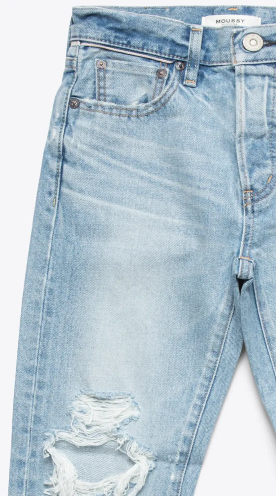 MOUSSY May Light Blue Wash Tapered Straight Distressed Ripped Knee Denim Jean 31