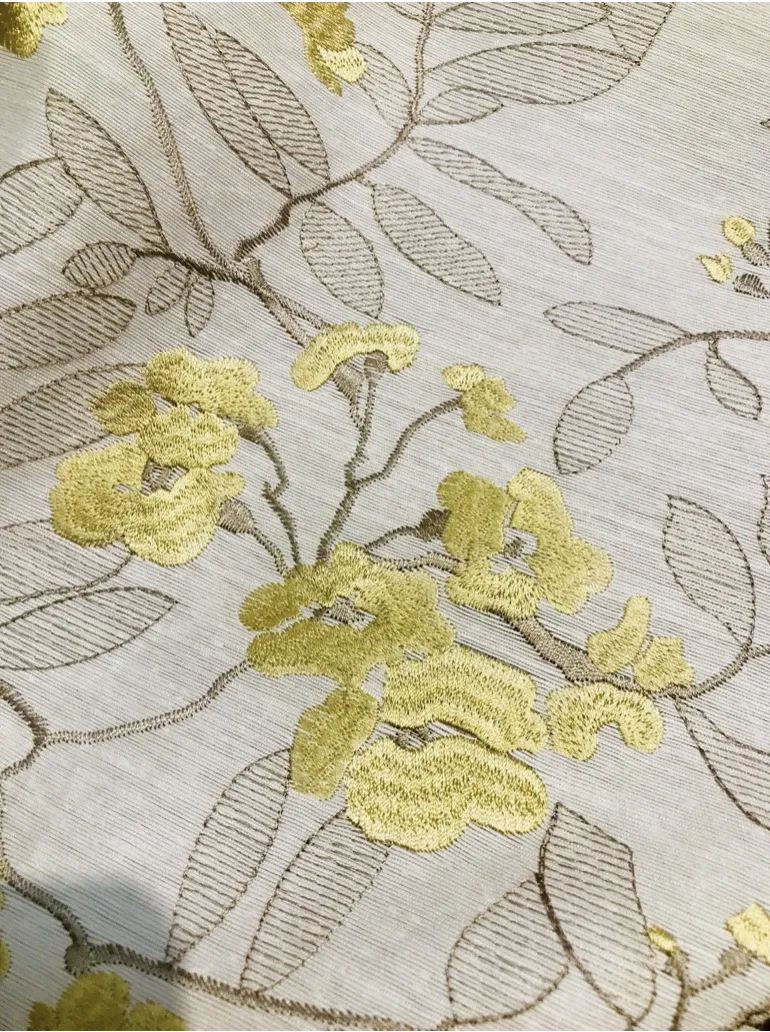 NEW Designer Linen Rayon Embroidered Floral Decorating Fabric- Yellow LLLWY0001