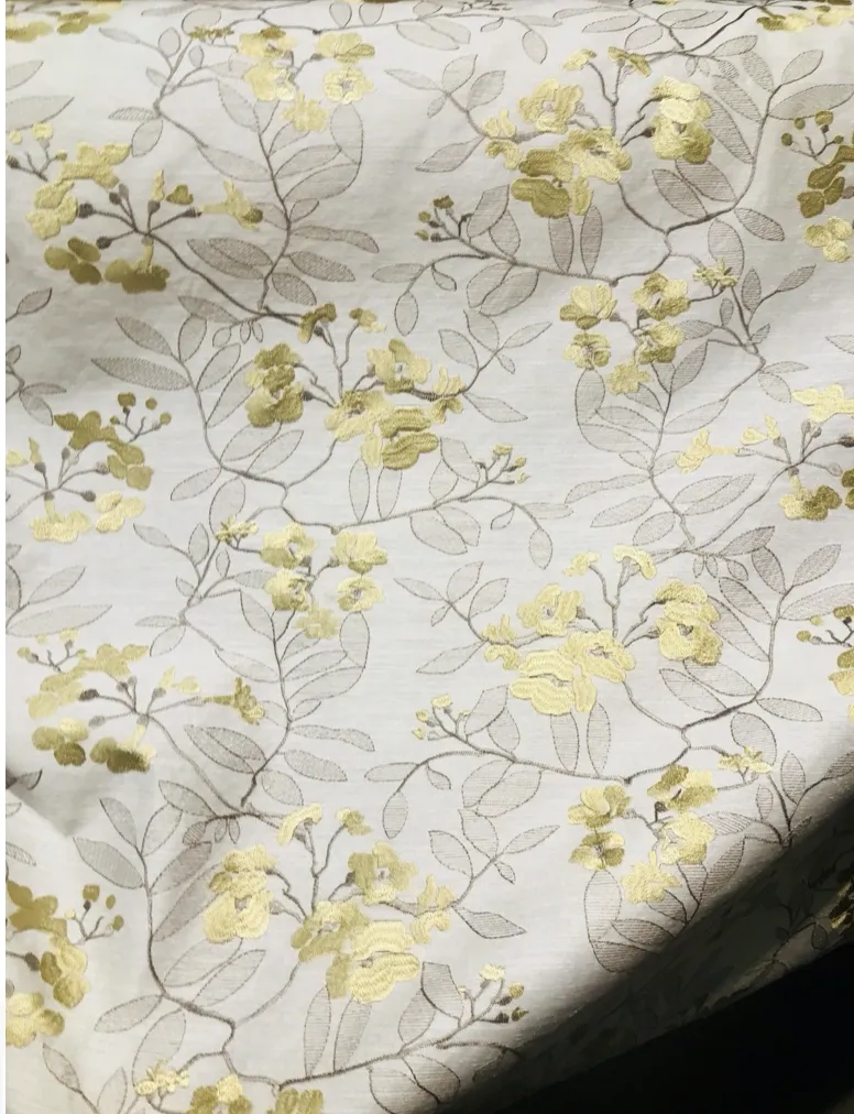 NEW Designer Linen Rayon Embroidered Floral Decorating Fabric- Yellow LLLWY0001