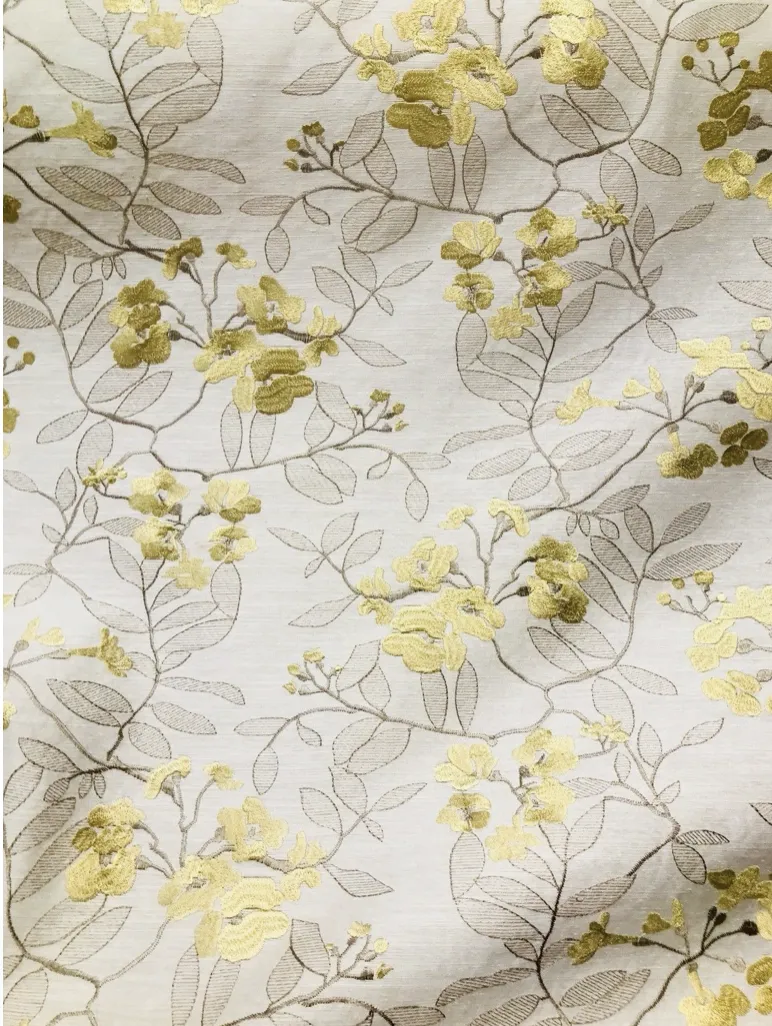 NEW Designer Linen Rayon Embroidered Floral Decorating Fabric- Yellow LLLWY0001