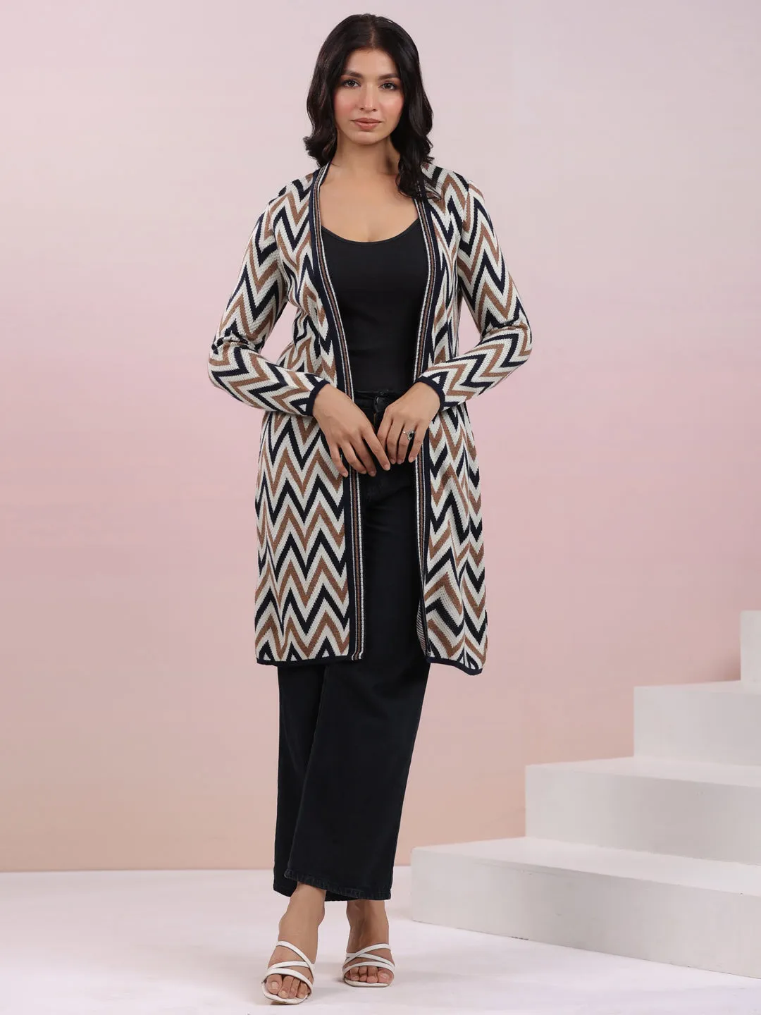 Off White Woolen Chevron Printed Winter Shrug