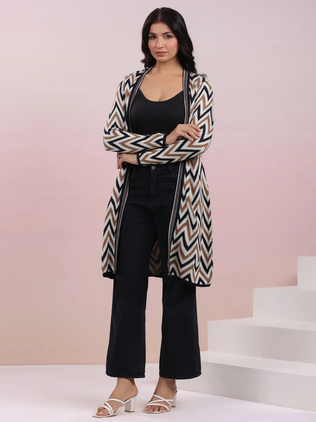 Off White Woolen Chevron Printed Winter Shrug