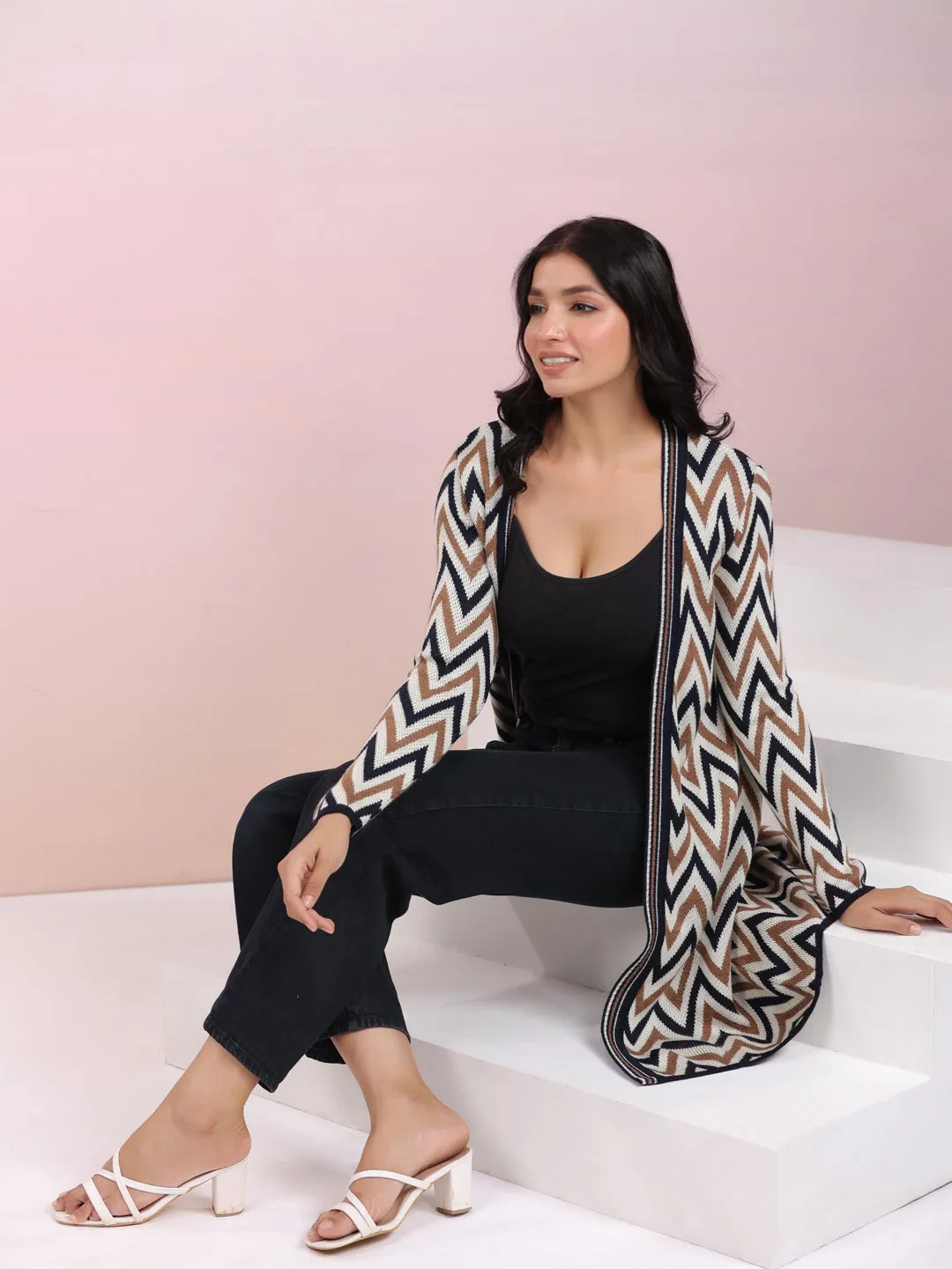 Off White Woolen Chevron Printed Winter Shrug
