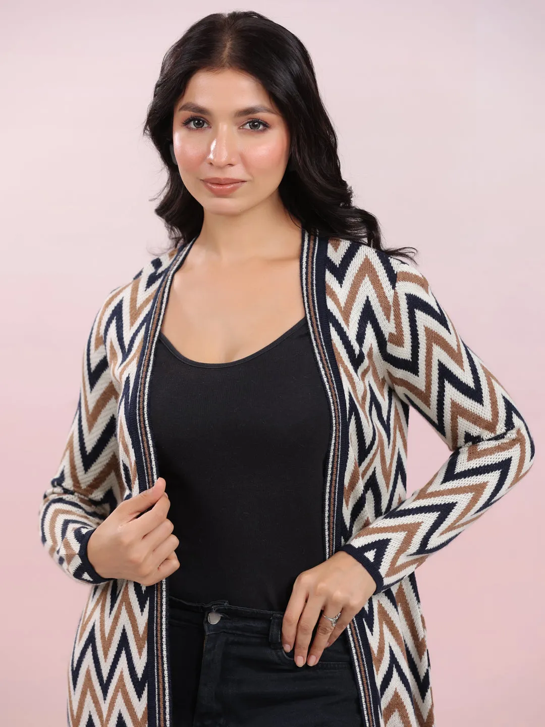 Off White Woolen Chevron Printed Winter Shrug