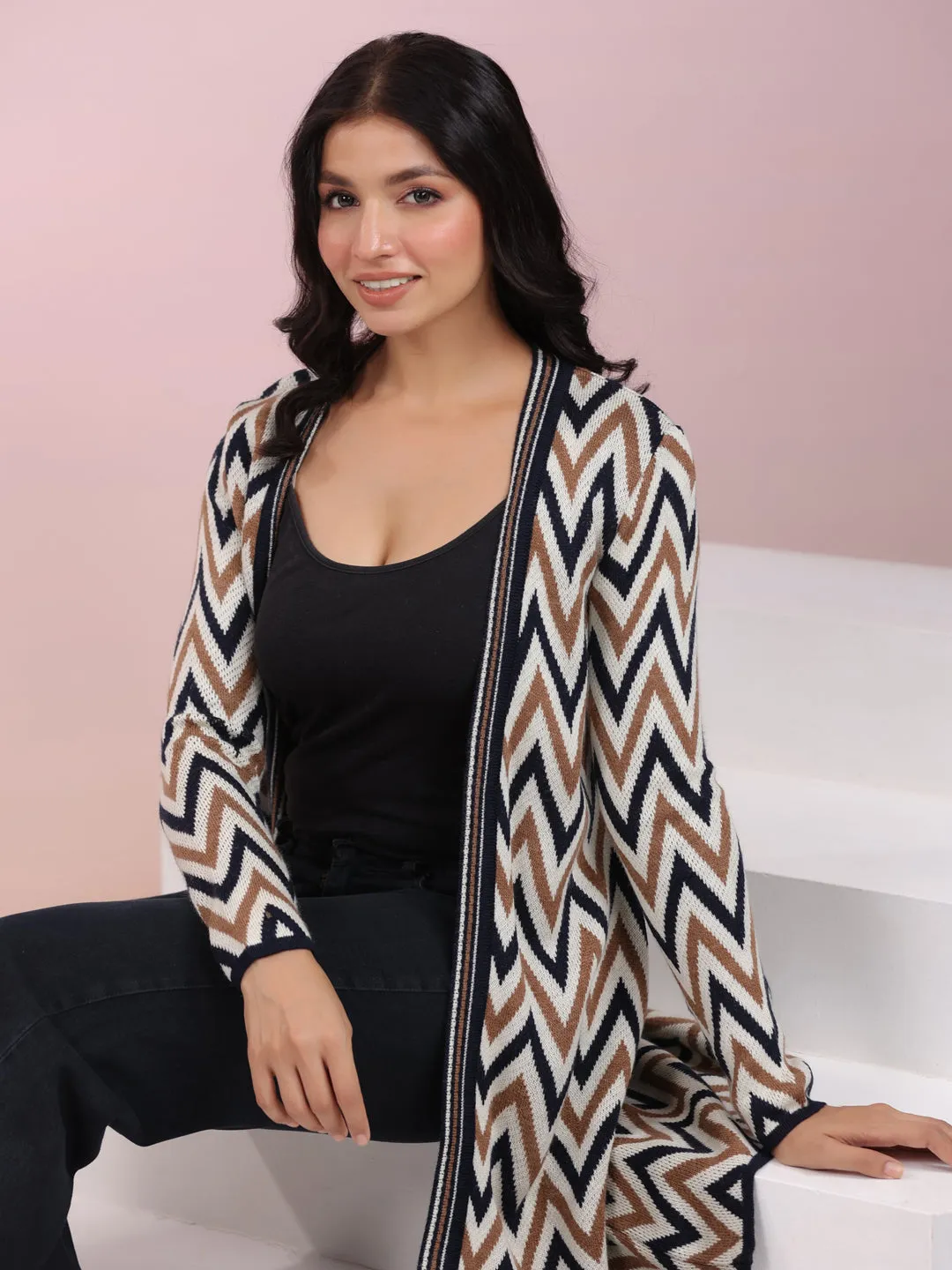 Off White Woolen Chevron Printed Winter Shrug