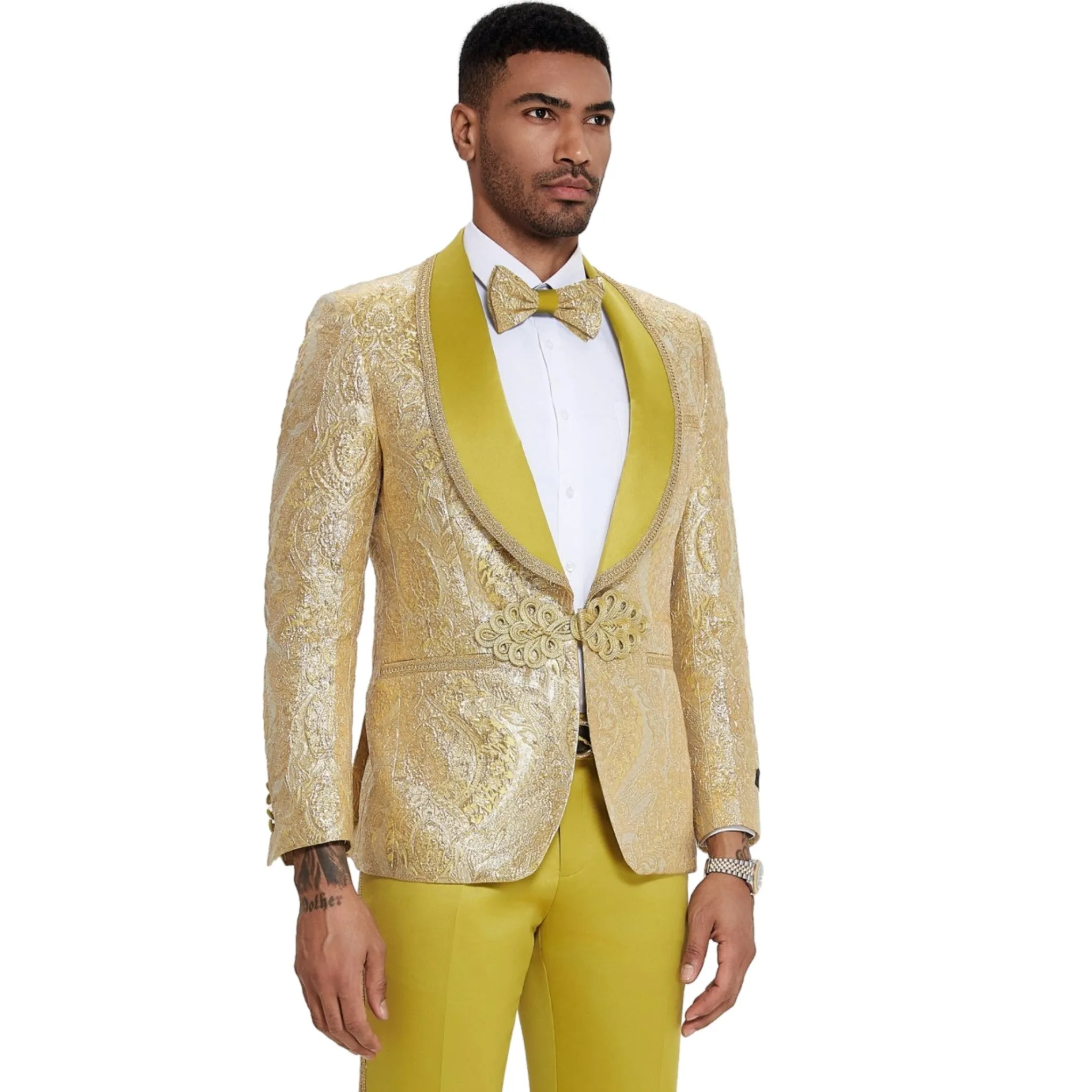Stunning Golden Yellow Tuxedo with Gold Trim - A Glamorous Choice for Prom and Wedding Seasons
