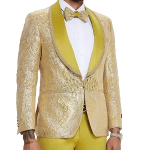 Stunning Golden Yellow Tuxedo with Gold Trim - A Glamorous Choice for Prom and Wedding Seasons