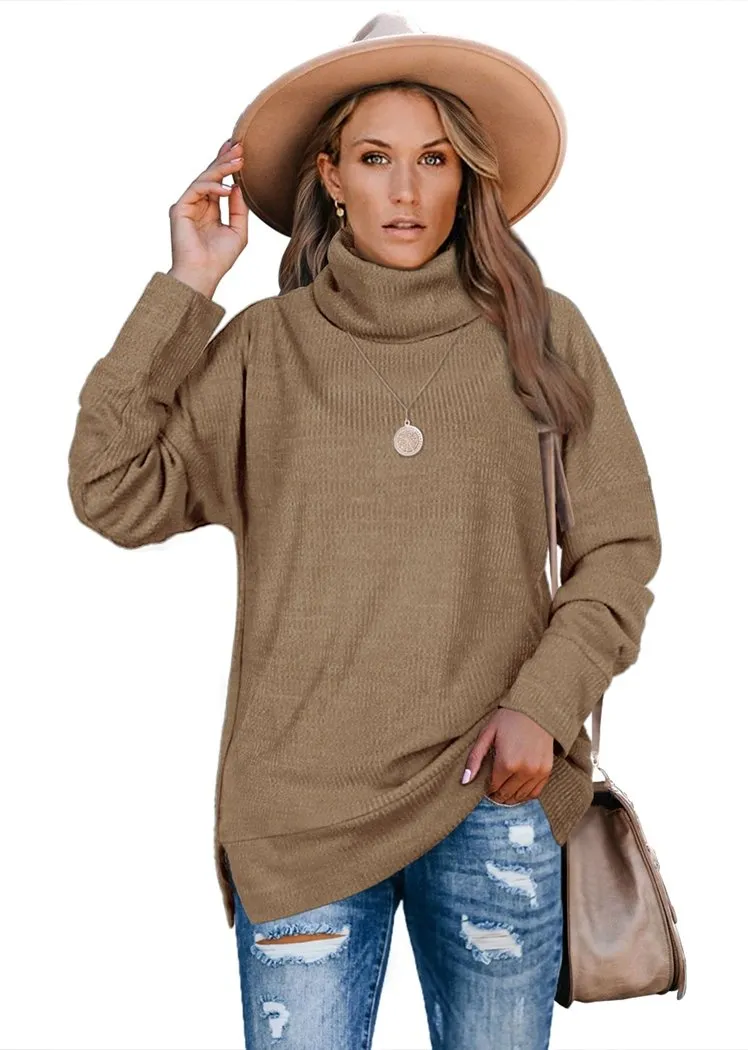 Women's Pullover Turtleneck Sweater Oversized Turtleneck Side Split Tops
