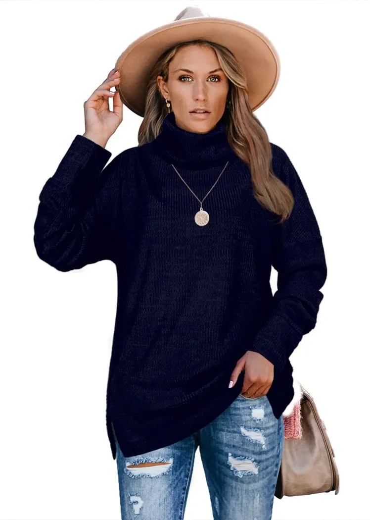 Women's Pullover Turtleneck Sweater Oversized Turtleneck Side Split Tops