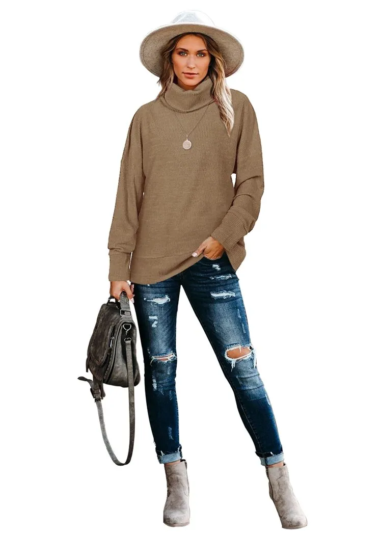 Women's Pullover Turtleneck Sweater Oversized Turtleneck Side Split Tops