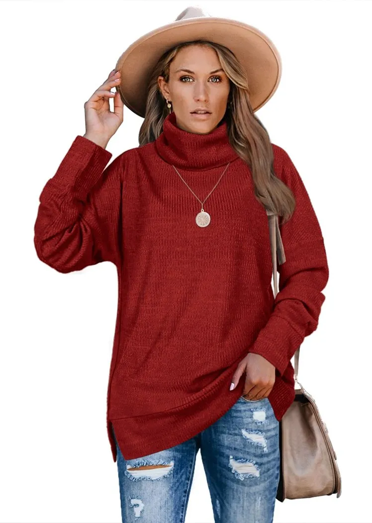 Women's Pullover Turtleneck Sweater Oversized Turtleneck Side Split Tops